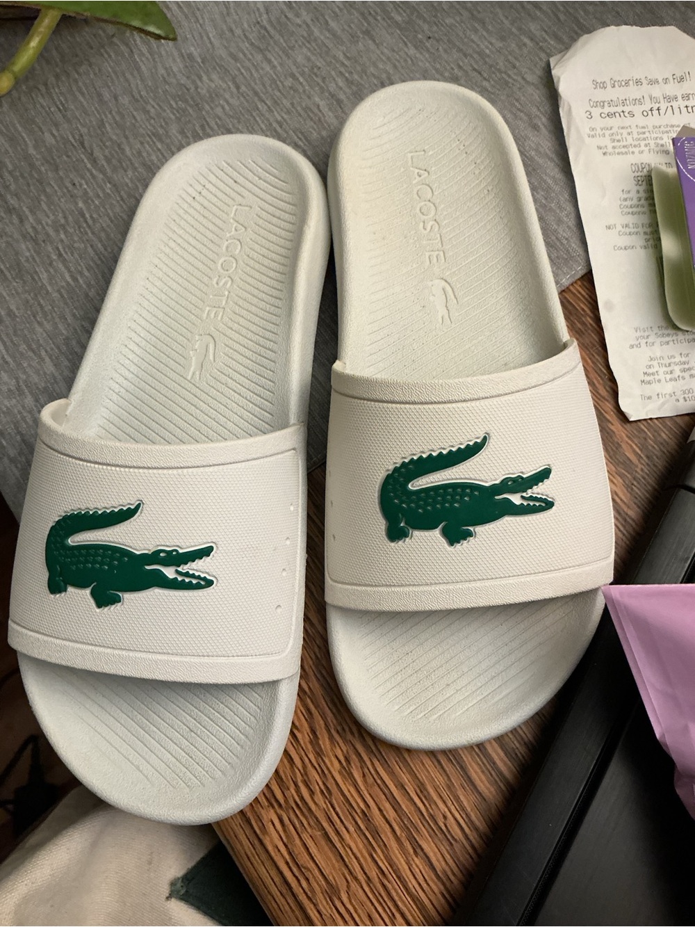 Lacoste white Slides with Green Croc Emblem